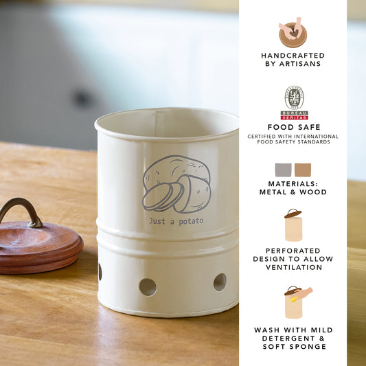 Egg Shell Metal Potato Storage Bin With Wooden Lid