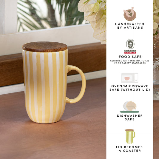Ceramic Mug Tall Stripes With wooden Lid Lemon