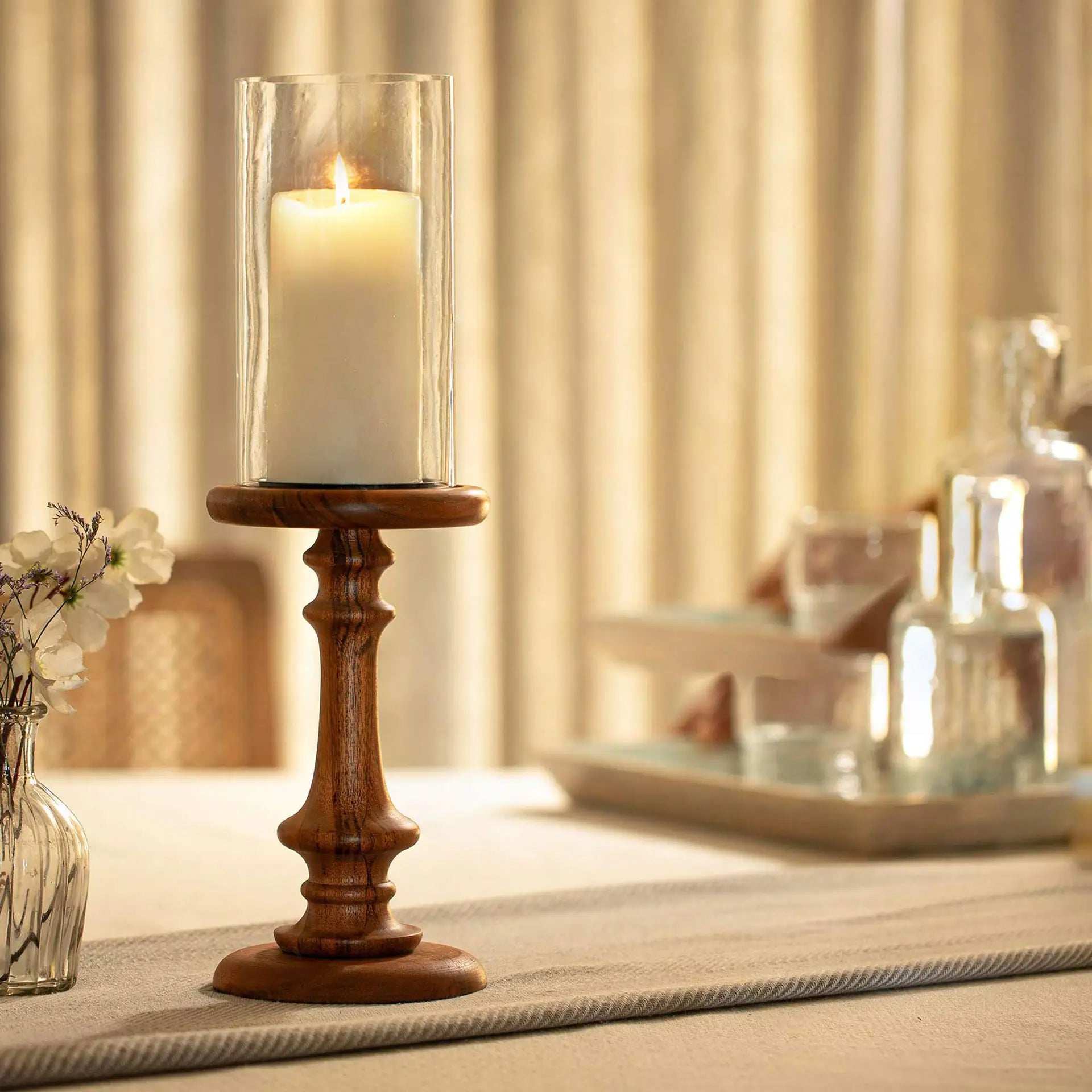 Glass Wood Pedestal Hurricane Large – ellementry