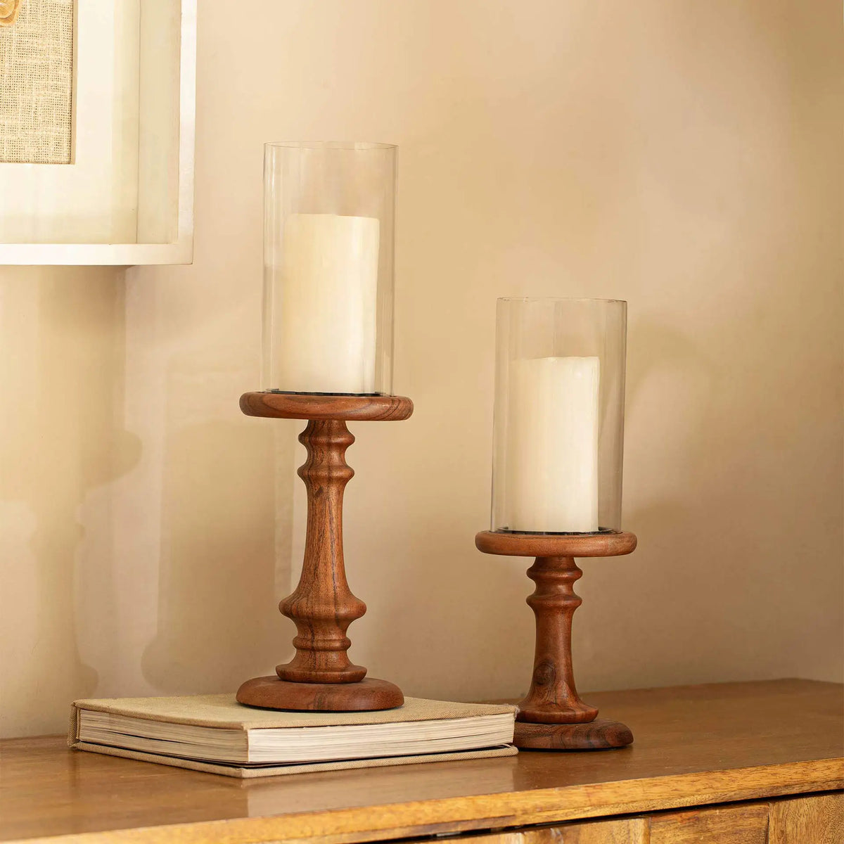 Glass & Wood Pedestal Hurricane Small