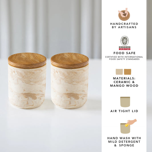 Amber Love Ceramic Jar With Wooden Lid (Small) Set of 2