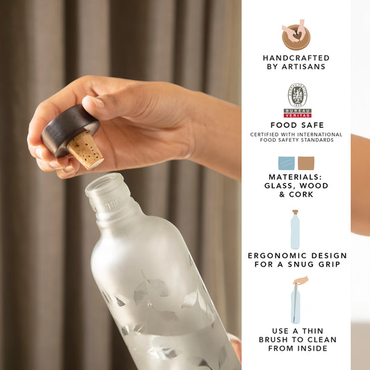 Frosted Leaf Glass Bottle With Black Wooden Stopper