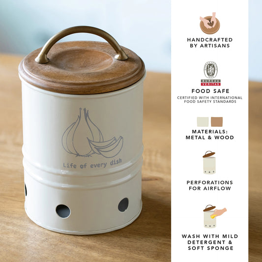 Egg Shell Metal Garlic Storage Bin With Wooden Lid
