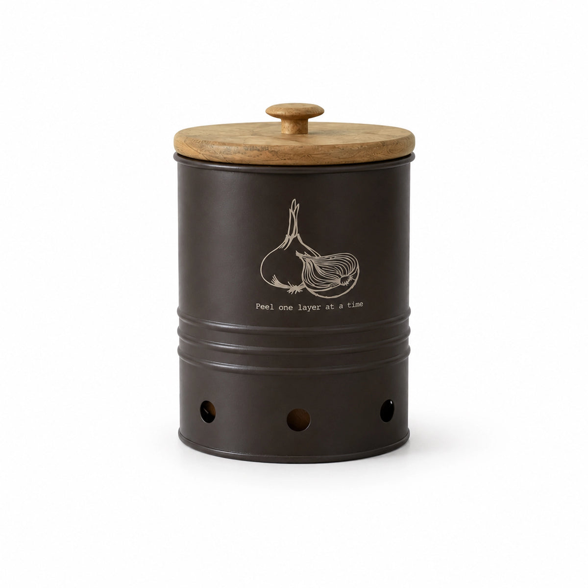 Charcoal Brown Onion Storage Bin with Wooden Lid
