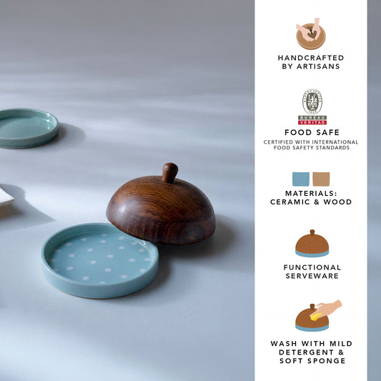 Ceramic Butter Dish Polka Dots With wooden Lid - Blue