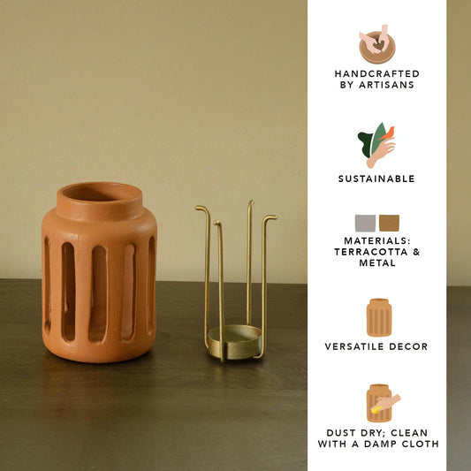 Lupa Terracotta Round Lantern With Metal Handle - Small