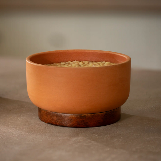 Terracotta Serving Bowl With Wooden Base- Medium