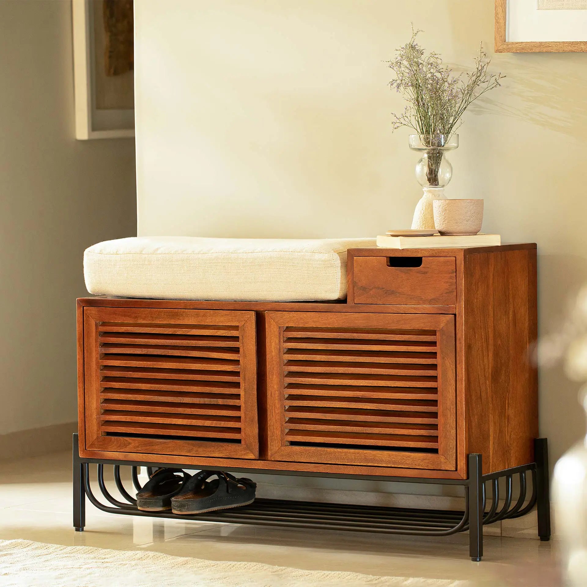 Wooden Shoe Rack with Drawer and Cushion