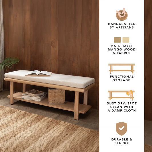 Willow Wooden Cushioned Bench with Shelf