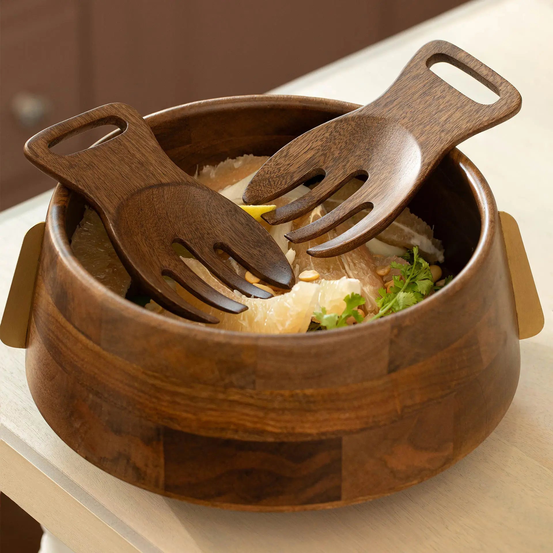 Buy Aranya Wood Brass Salad Bowl and Server Set Online