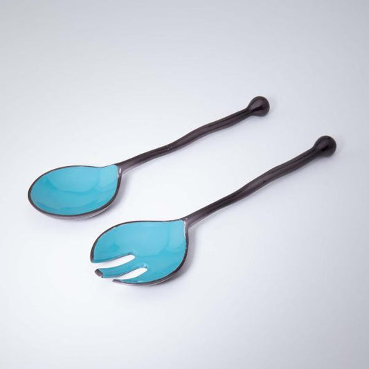 Teal Metal And Enamel Fusion Salad Server Set (Set Of 2) - ellementry