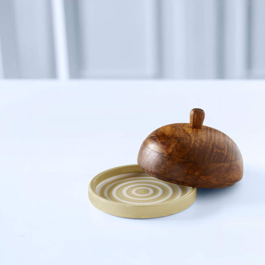 Ceramic Butter Dish Stripes with wooden Lid - Lemon