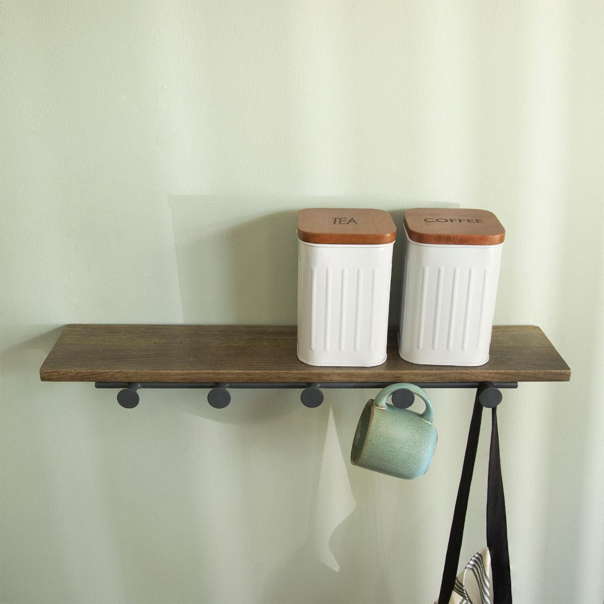 Aaron wooden wall shelf with 5 hooks - ellementry