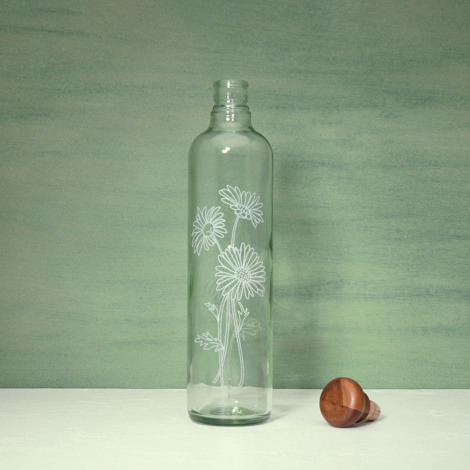 daisy glass water bottle with wooden stopper