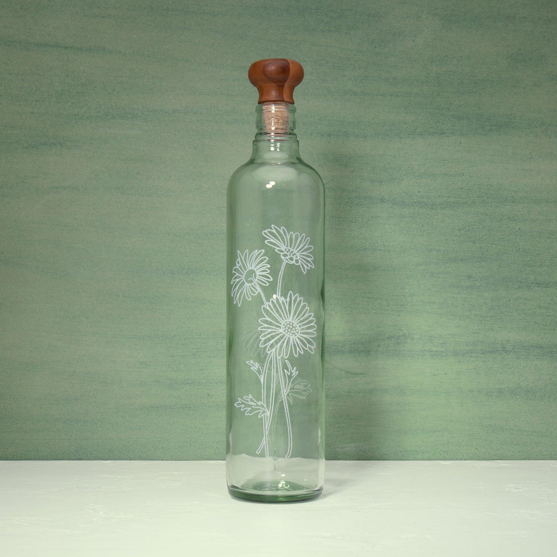 daisy glass water bottle with wooden stopper