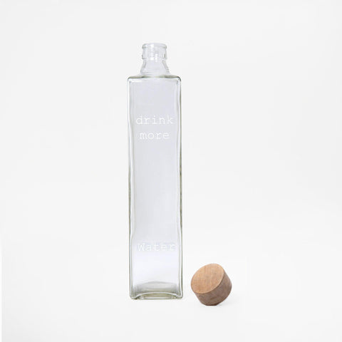 drink more glass water bottle with wooden stopper - ellementry