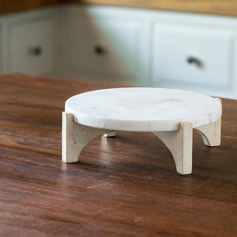 white marble cake stand with wooden base - ellementry