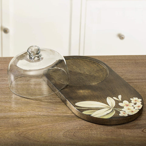 Frangipani Glass Cloche with Wooden Platter - ellementry