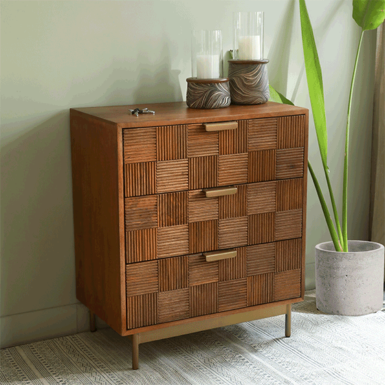 Bruno triple drawer chest with metal stand