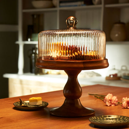 Fluted Glass Cloche With Wooden Stand