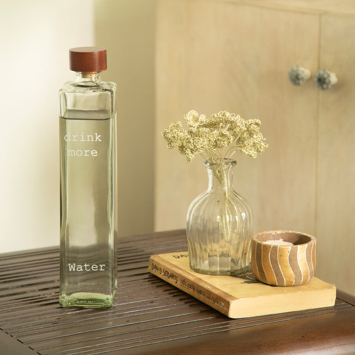 Drink More Glass Water Bottle With Wooden Stopper