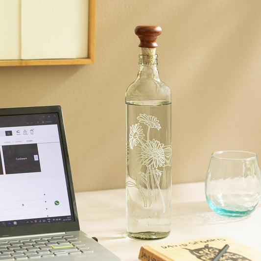 Daisy Glass Water Bottle With Wooden Stopper