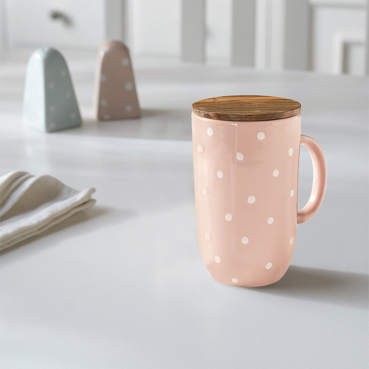 Ceramic Mug Tall Polka Dots With Wooden Lid