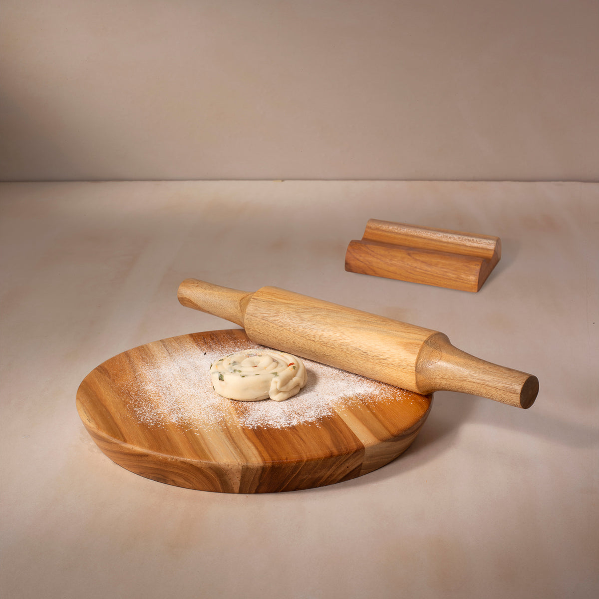 In Teak Wooden Chakla Belan With Stand- Small