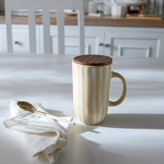Ceramic Mug Tall Stripes With wooden Lid Lemon
