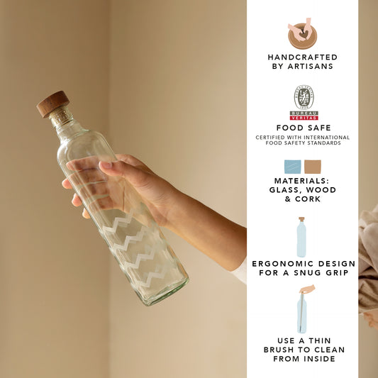 Frosted Chevron Glass Bottle With Brown Wooden Stopper