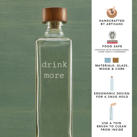 Drink More Glass Water Bottle With Wooden Stopper