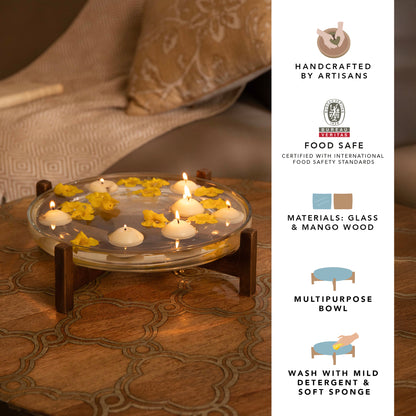 Clear Glass Bowl With Wooden Stand