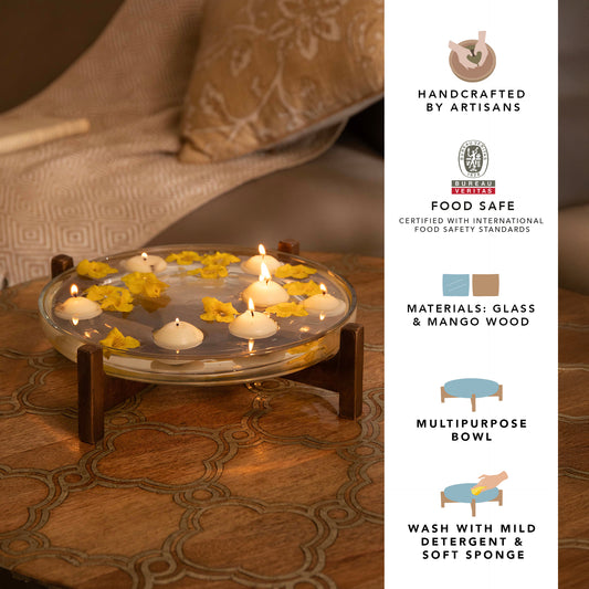 Clear Glass Bowl With Wooden Stand