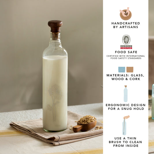 Daisy Glass Water Bottle With Wooden Stopper