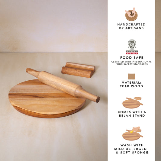 In Teak Wooden Chakla Belan With Stand- Large