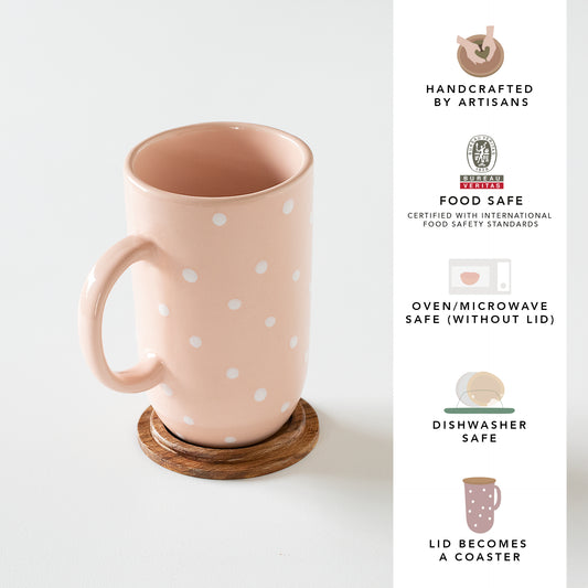 Ceramic Mug Tall Polka Dots With Wooden Lid