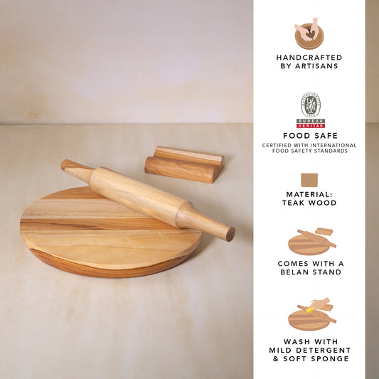 In Teak Wooden Chakla Belan With Stand- Small