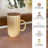 Ceramic Mug Tall Stripes W/Wdn Lid Lemon
