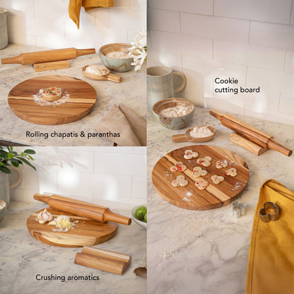 In Teak Wooden Chakla Belan With Stand- Large