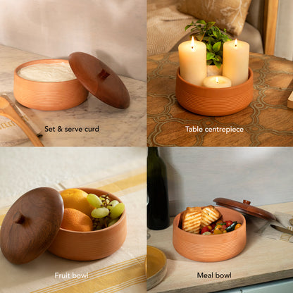 Terracotta Curd Setter With Wooden Lid- Large