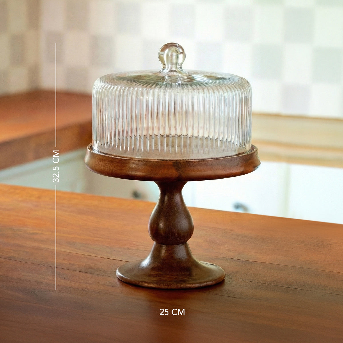 Fluted Glass Cloche With Wooden Stand