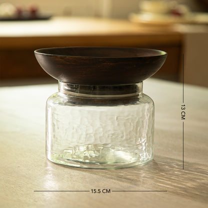 Tashi Glass Jar With Wooden Nut Bowl - Large