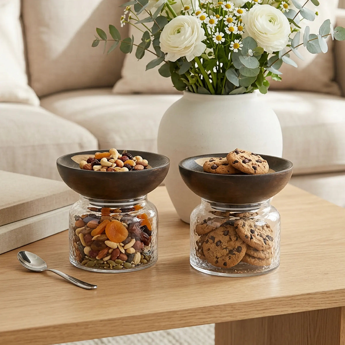 Tashi Glass Jar With Wooden Nut Bowl (Small) Set of 2