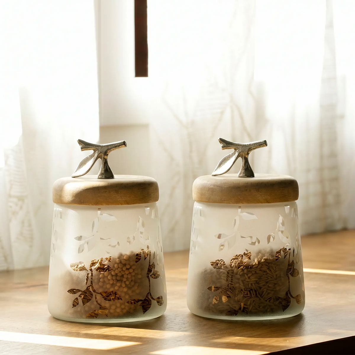 Twigy Frosted Glass Jar with Wooden Lid (Short) Set of 2
