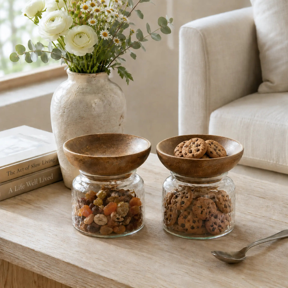 Twain Glass Jar with Wooden Bowl (Small) Set of 2