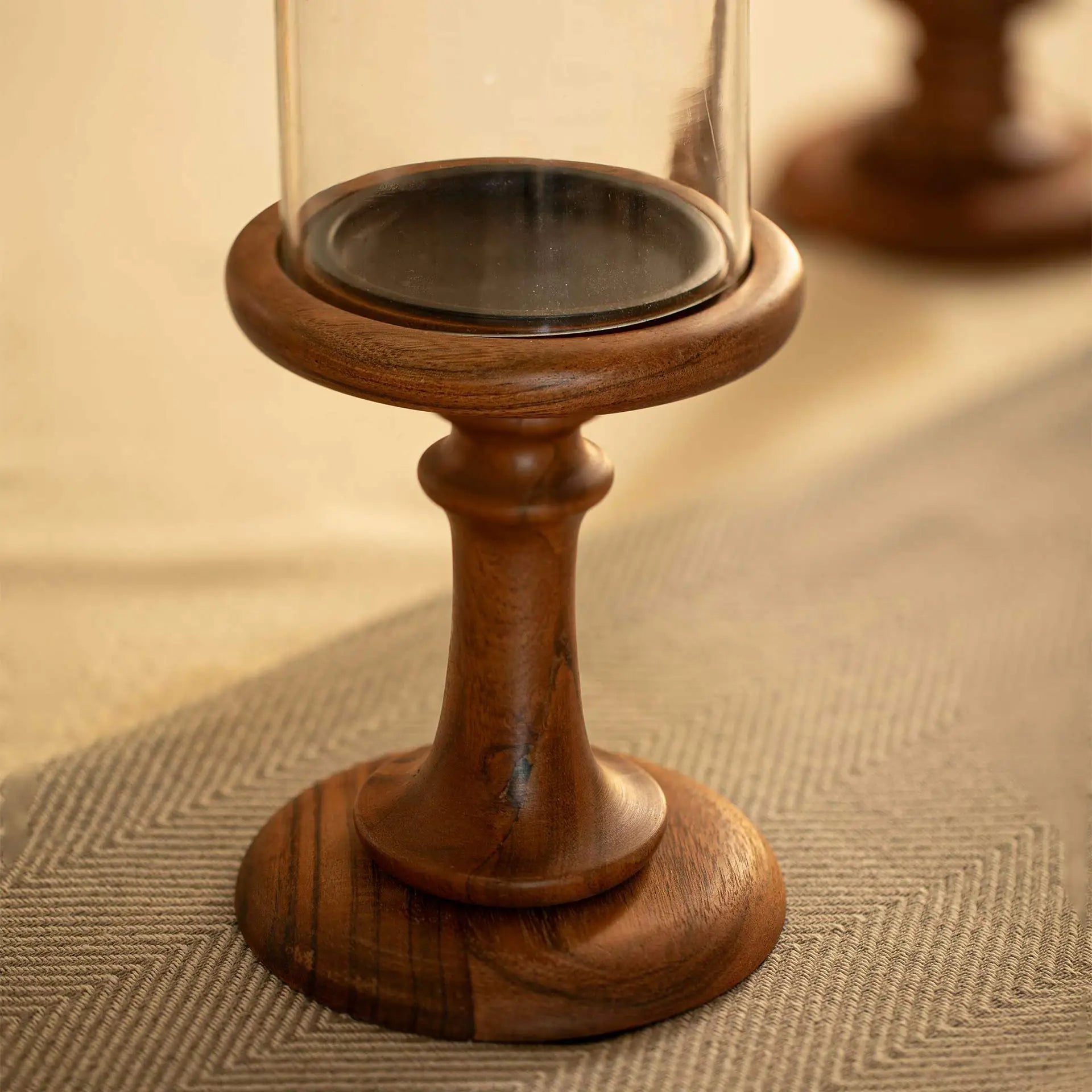 Glass & Wood Pedestal Hurricane Small