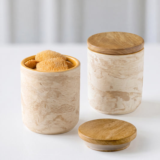 Amber Love Ceramic Jar With Wooden Lid (Small) Set of 2