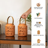 Lupa terracotta stencil lantern with metal handle Set of 2