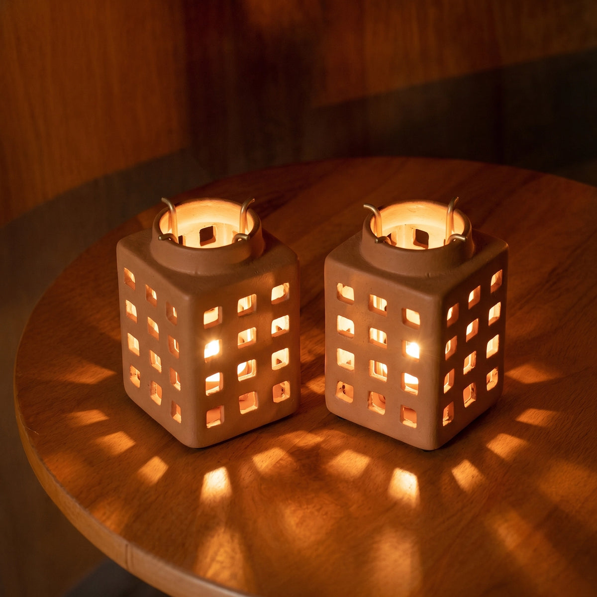 Lupa Terracotta Square Lantern With Metal Handle (Small) Set of 2