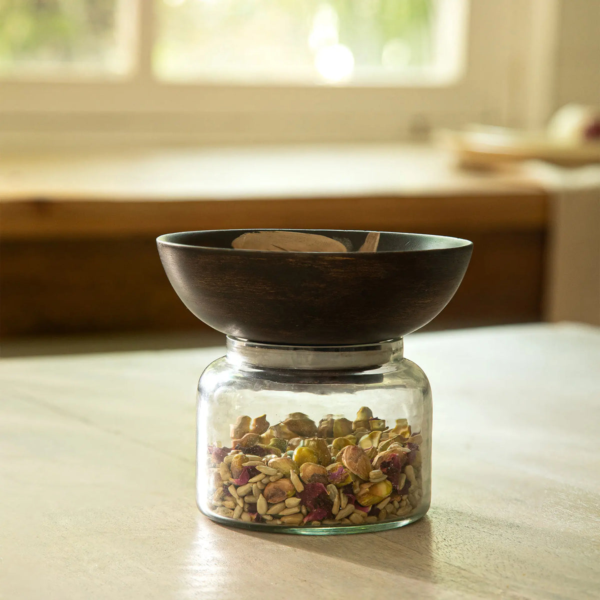 Tashi Glass Jar With Wooden Nut Bowl - Small